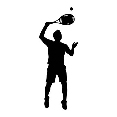 Bir tenis oyuncusunun siyah silueti havada, topa hizmet etmeye hazırlanıyor. Oyuncu, raket tellerinin hemen üstüne yerleştirilmiş bir tenis raketini başının üstünde tutuyor. Oyuncu şort ve tişört giyiyor ve vücutları...