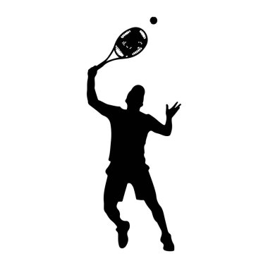 Tenis oyuncusunun siyah silueti havada, tenis topuna raketle vurmak üzere. Oyuncu şort ve kolları havada ve bacakları dinamik bir pozda eğilmiş bir tişört giyiyor. Top raketin üzerine yerleştirildi, çarpışmaya hazır. Şey...