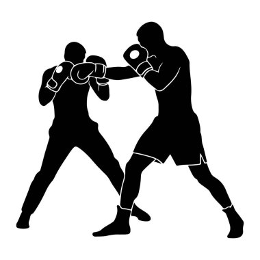 Kavga eden iki boksörün siyah silueti. Boksörlerden biri savunurken diğeri yumruk atıyor. İkisi de boks eldiveni giyiyor ve atletik duruşları var. Görüntü, siyah figürlerin beyaz arka plana karşı katıksız bir tezatlığıdır.