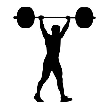 Kaslı bir insanın siyah silueti, ağırlıkları beyaz bir arka plana doğru olan halteri kaldırıyor. Kişi ayakları açık, kolları yukarıda, halteri sıkıca tutuyor. Siluet, fiziği ve boyayı vurguluyor.
