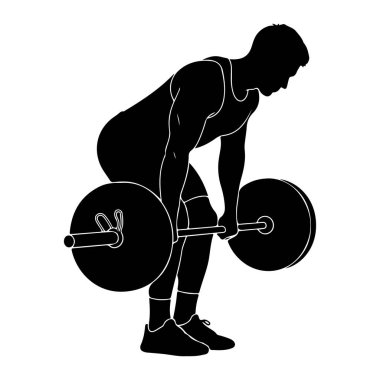 Asansörün ortasında halterli bir erkek haltercinin siyah silüeti. Halterci iki eliyle halteri tutarak eğildi. Halterin her iki ucunda geniş dairesel ağırlık plakaları var. Bu figür atletik kas yapısıyla betimlenmiştir.