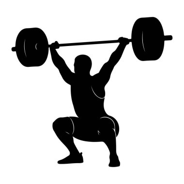 Asansörün ortasında siyah bir halterci silueti, kolları açık bir halter tutuyor. Sporcu derin bir çömelme pozisyonunda, muazzam bir güç ve kontrol gösteriyor. Görüntü net ve net, gücü ve atletizmi vurguluyor.