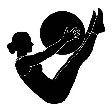 Profilde siyah bir kadın silueti büyük bir fitness topuyla egzersiz yaparken resmediliyor. Vücudu açılı, bacakları yukarıda ve bükük, ve kolları ileri doğru, topu tutuyor. Biçiminin ve balosunun ana hatları çok yüksek.