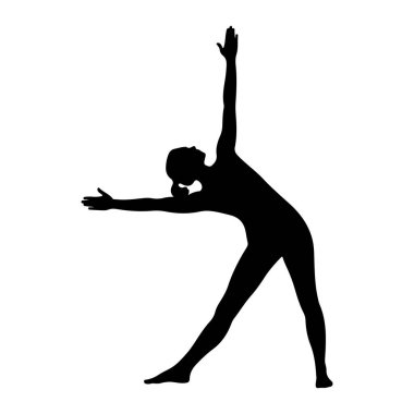 Beyaz bir arka plana karşı üçgen yoga pozu veren siyah bir kadın silueti. Vücudu açılı, bir bacağı önde, diğeri de dizinde bükülmüş. Gövdesi bükülmüş, bir kolu yukarı uzanıyor ve diğeri dışarı çıkıyor.