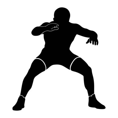 Agresif ve dinamik duruşu olan bir güreşçinin siyah silueti. Sporcu diz çökmüş, kollarını açmış ve odaklanmış bir duruşla tasvir ediliyor. Bu da savaşa hazır olduğunu gösteriyor. Rakam, şort ve ayakkabılar da dahil olmak üzere güreş kıyafeti giyiyor. Şey...