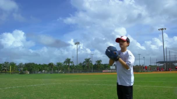 Daytime Slow Motion Shot Little Boy Throwing Ball Practice Baseball — Stock Video