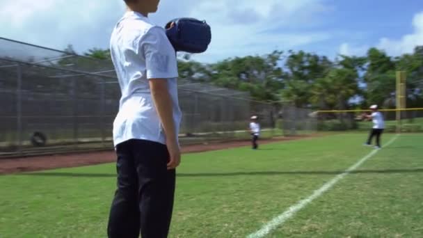 Slow Motion Kids Throwing Ball Catching Baseball Practice Park — Stock Video