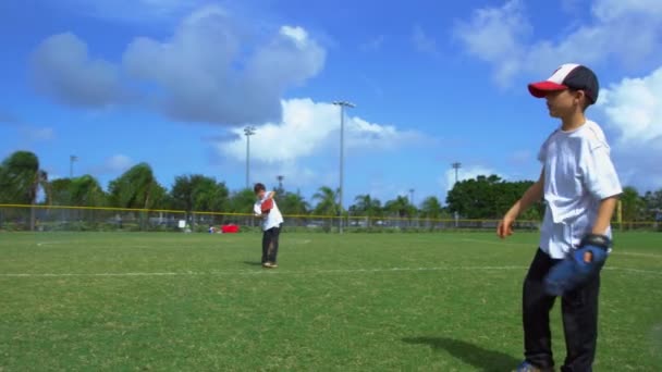 Daytime Slow Motion Shot Kids Practicing Baseball Throwing Catching — Stock Video
