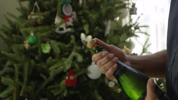 Медленное движение бутылки шампанского открывается перед елкой — стоковое видео