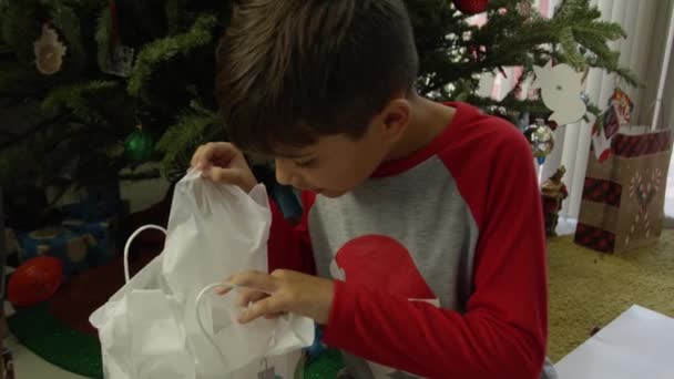 Lento Movimiento Niño Frente Árbol Navidad Mirando Dentro Regalo — Vídeos de Stock