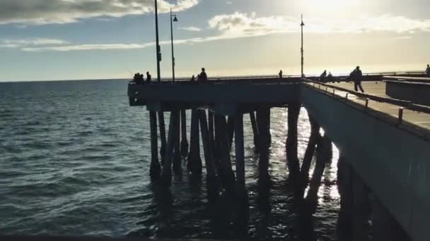Mooi shot van pier in Californië tijdens zonsondergang. Schot begint met vogel met het vliegen — Stockvideo