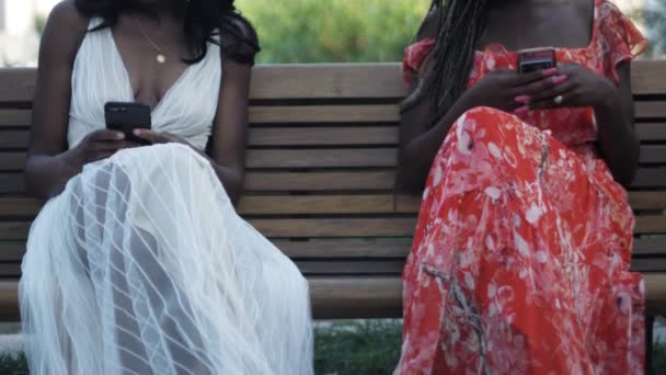 Movimento Lento Incline Foto Duas Mulheres Afro Americanas Sentadas Banco — Vídeo de Stock