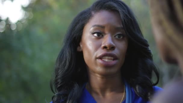 Tageszeitlupe Nahaufnahme Der Schönen Afrikanisch Amerikanischen Krankenschwester Gespräch Mit Einem — Stockvideo