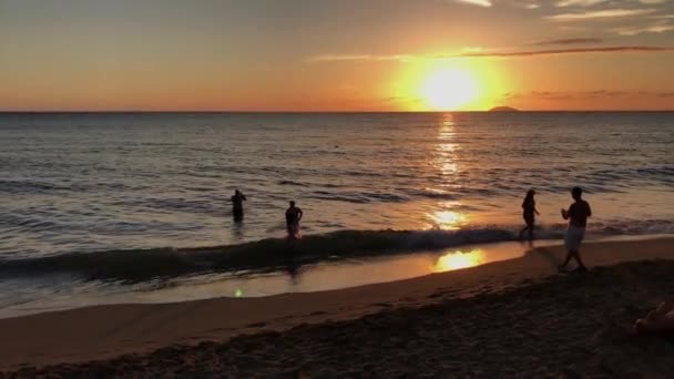 在美丽的日落时分 人们在海滩上闲逛 — 图库视频影像