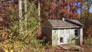 Düşüş sırasında orman ortasında küçük bir güzel ev gündüz Pan çekim.