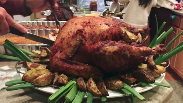 Great Close Shot Turkey Being Cut Thanksgiving Dinner Unrecognizable People — Stock Video