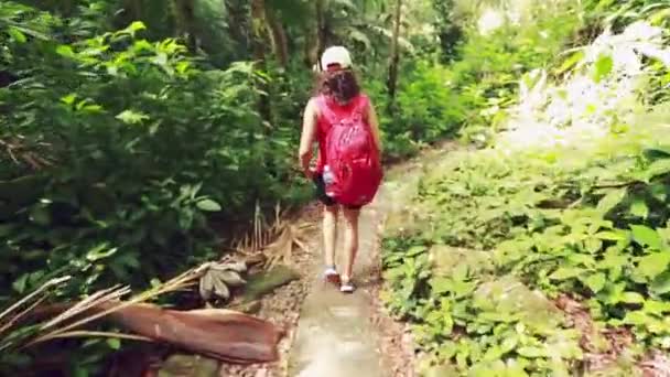 Aufnahme Eines Mädchens Das Mit Rucksack Und Hut Mitten Regenwald — Stockvideo