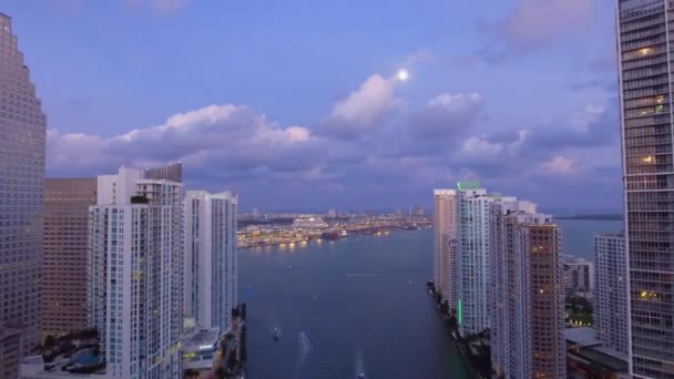 Scatto Aereo Tra Edifici Acqua Della Zona Brickell Miami Florida — Video Stock