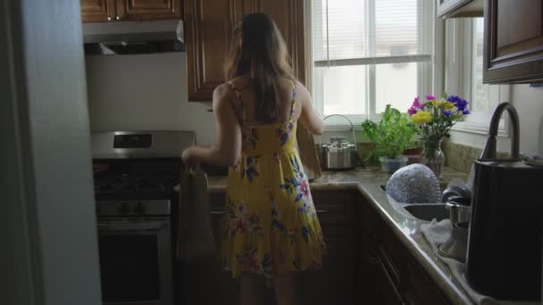 Mouvement Lent Femme Enceinte Dans Cuisine Parler Téléphone Frotter Son — Video