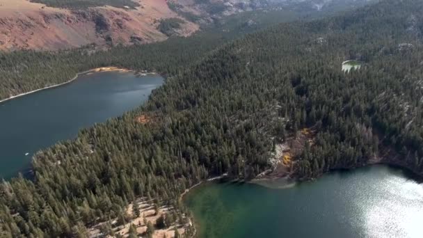 地域の美しい湖と緑を示すマンモス湖 カリフォルニア州のクリスタル湖の昼間の空中ショット — ストック動画