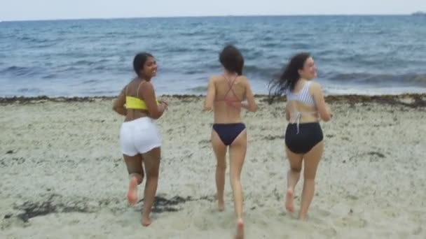 Movimento lento de meninas adolescentes correndo em direção à praia e sorrindo para a câmera — Vídeo de Stock