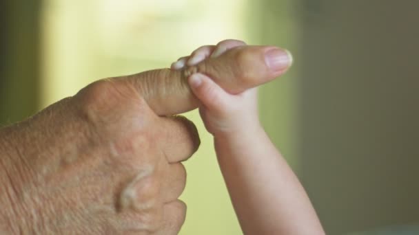 Mooie Slow Motion van baby brengen grootvaders vinger aan haar gezicht — Stockvideo