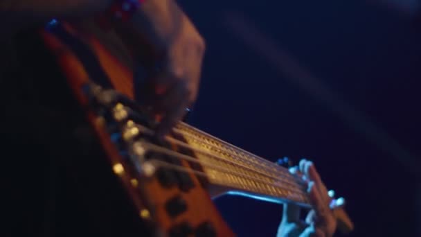 Muzikant speelt basgitaar op het podium tijdens performance — Stockvideo