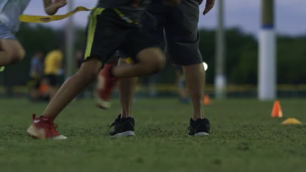 Coole Zeitlupe von Kindern, die beim Fahnenfußballtraining mit dem Trainer laufen — Stockvideo