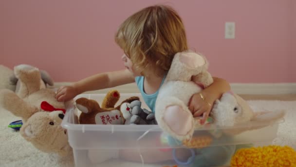 Niña jugando con animales de peluche mientras está sentada dentro de un contenedor de plástico — Vídeos de Stock