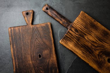 Arka plan yemek. Vintage kesme tahtaları alanı Kopyala.