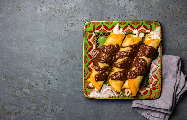 Mexican cuisine. Traditional Mexican chicken enchiladas with spicy chocolate salsa mole poblano. Enchiladas with sauce moole from Puebla, Mexico.