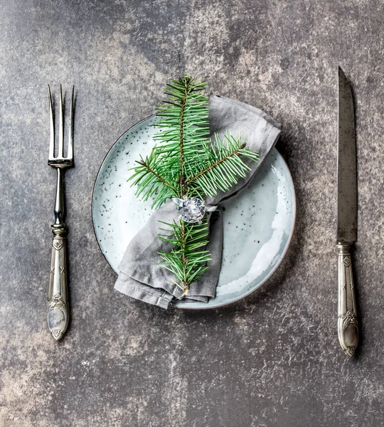 Holiday Christmas food background, cutlery, plate, napkin with ring and Christmas tree branch, table setting in silver tone, stone background.