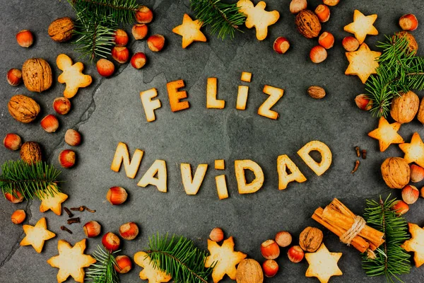 Feliz Navidad Cookies Woorden Merry Christmas Spaans Met Gebakken Koekjes — Stockfoto