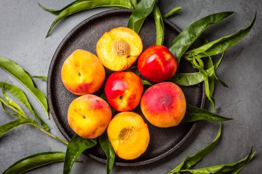 Gri taş arduvaz arka plan üzerinde siyah plaka üzerinde taze yaprakları ile taze şeftali. Yaz şeftali üstten görünüm