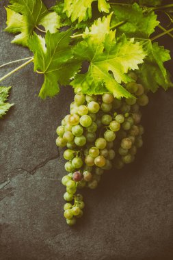 Şarap üzüm ve tirbuşon kavramı, taş arka plan, üstten görünüm.