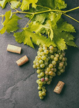 Şarap üzüm ve tirbuşon kavramı, taş arka plan, üstten görünüm.