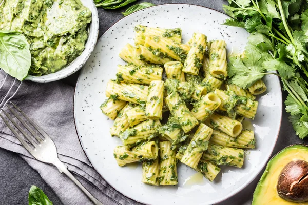 Pasta Green Avocado Herbs Sauce Top View Slate Background — Stock Photo, Image