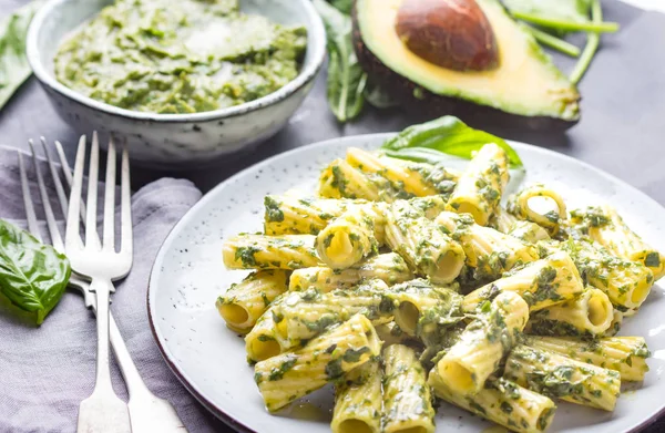 Pasta Green Avocado Herbs Sauce Top View Slate Background — Stock Photo, Image