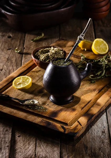 Yerba Mate Latin Amerikai Forró Ital Gyógynövény Tea Ben Agyagos — Stock Fotó