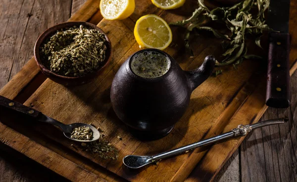Yerba Mate Latin Amerikai Forró Ital Gyógynövény Tea Ben Agyagos — Stock Fotó