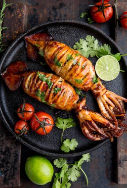 Korece Barbekü kalamar kalamar ve malzemelerin koyu arka plan üzerine. Geleneksel Kore yemeği - soğan ve domates ile doldurulmuş Izgara kalamar. Üstten görünüm