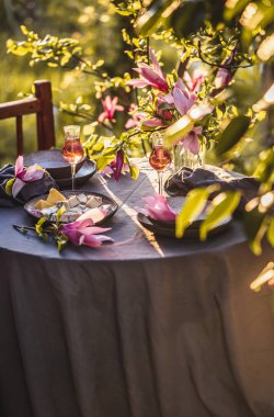 Güzel sofra günbatımı ışığı bahçesinde. Manolya çiçek Manolya ağacının altında tablo süslenmiş.