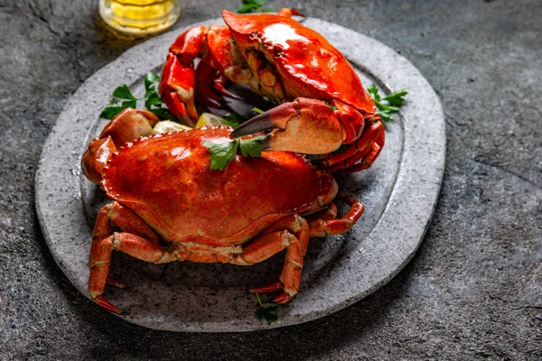 Camarones cocinados en blanco con limón y cerveza. Entorno concreto y gris. Vista superior —  Fotos de Stock