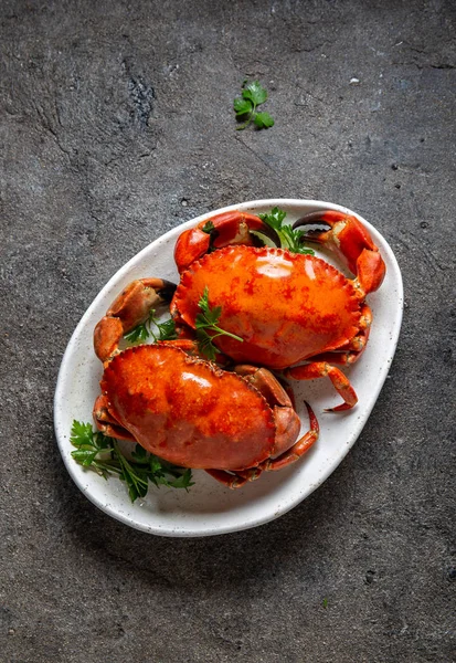 Camarones cocinados en blanco con limón y cerveza. Entorno concreto y gris. Vista superior —  Fotos de Stock