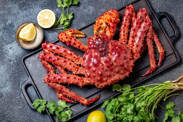 Red king crab on gray background. King crab, lemon and cilantro, top view