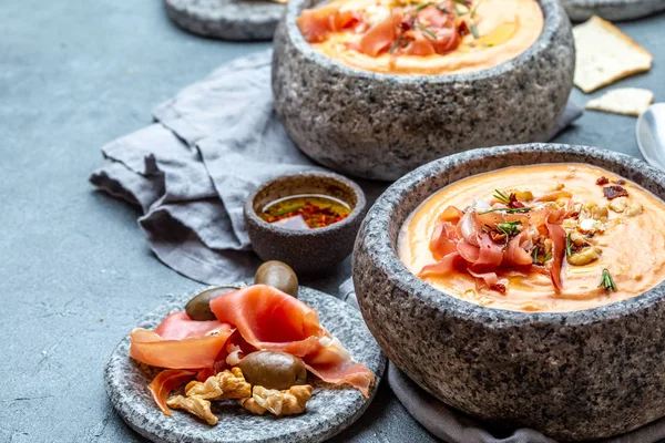 Spanish cold tomato soup Salmorejo. Traditional tomato soup with white bread and olive oil.