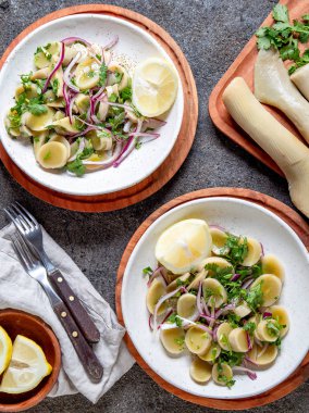 Deniz yosunu Ulte veya Hulte. Şili usulü salata ceviche, mor soğan, kişniş ve limon suyu. Pasifik yenilebilir yosun