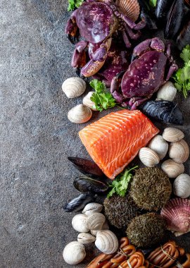 Pasifik Deniz Ürünleri. Taze somon, yengeç ezmesi midye, yosun kakaosu, deniz kestanesi. Kopyalama alanı olan yiyecek arkaplanı