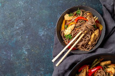 Japon karabuğdaylı soba şehriyesi tavuk ve sebzeli havuç, dolma biber ve yeşil fasulye gri kasede, üst manzara, kopyalama alanı