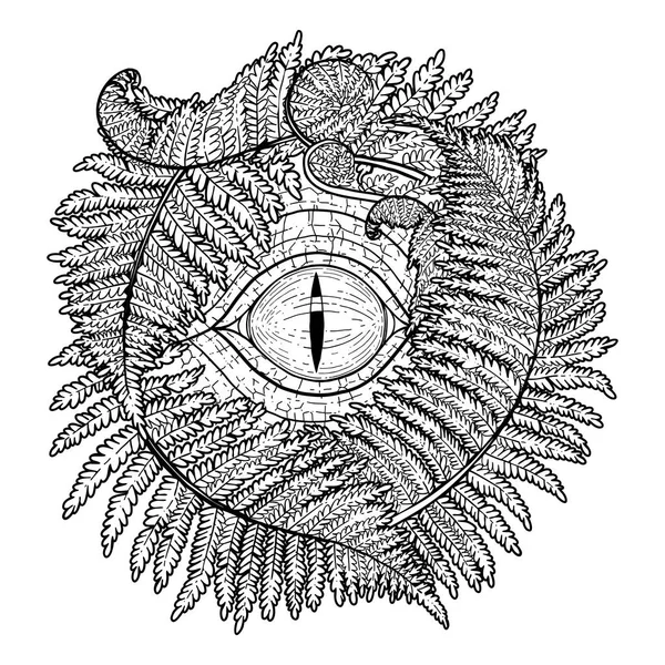 Графический глаз динозавра и папоротники — стоковый вектор